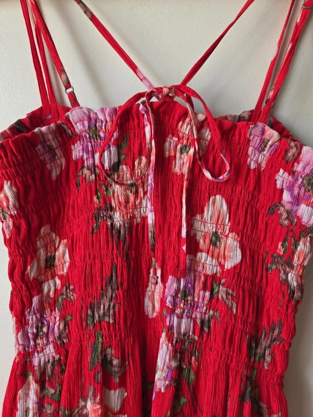 NWT ABERCROMBIE & FITCH RED FLORAL SMOCKED TANK MAXI DRESS SIZE L